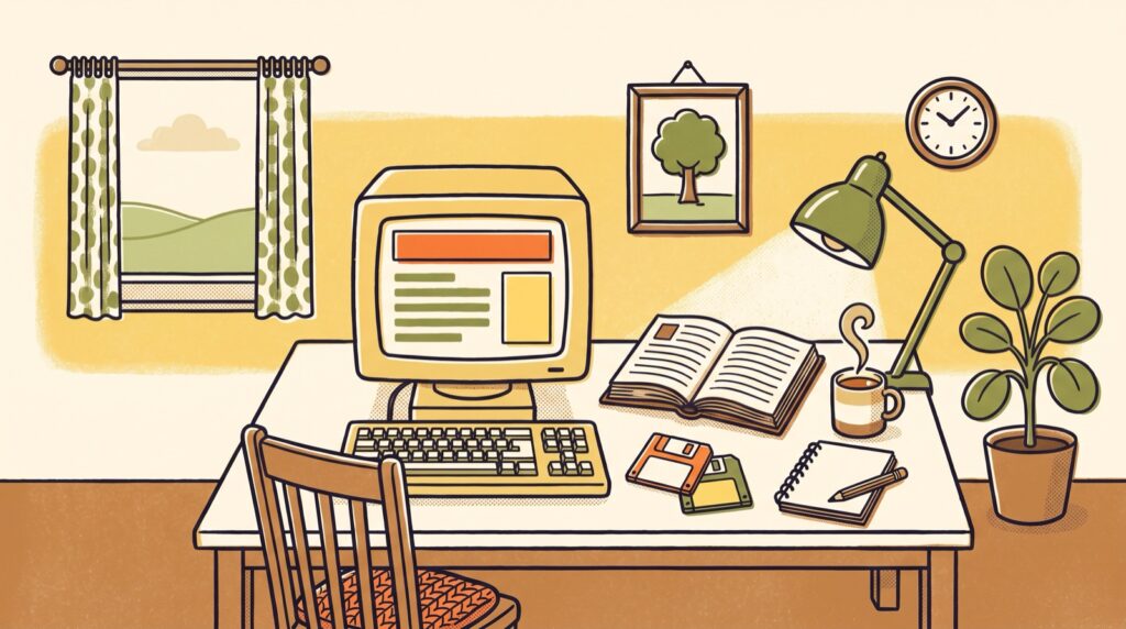 A 2004-era home desk with a beige CRT computer showing a simple web page, an open printed manual, floppy disks and a mug of tea, drawn as a 1960s story book illustration