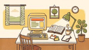 A 2004-era home desk with a beige CRT computer showing a simple web page, an open printed manual, floppy disks and a mug of tea, drawn as a 1960s story book illustration