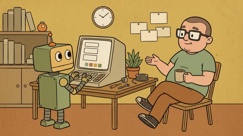 Illustration of Nouman leaning back in a chair with a coffee mug, gesturing toward a retro computer terminal while his robot companion Pip3 types at the keyboard
