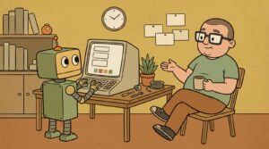 Illustration of Nouman leaning back in a chair with a coffee mug, gesturing toward a retro computer terminal while his robot companion Pip3 types at the keyboard